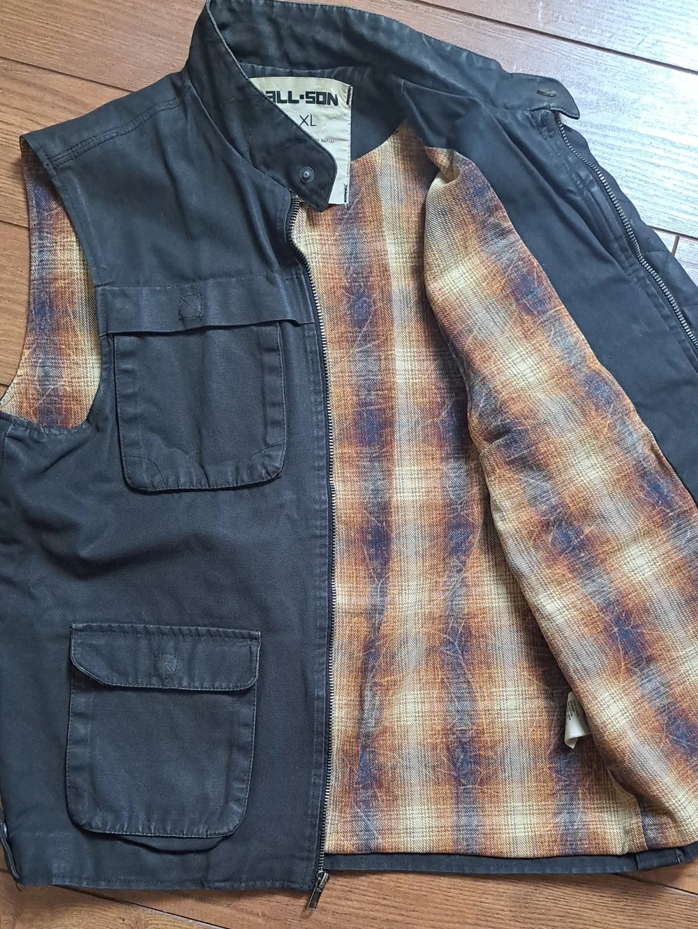 ALL-SON Urban Outfitters Waxed Canvas Utility Cargo Field Vest Lined Flannel S